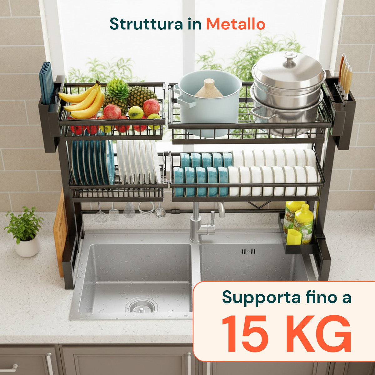 Organizer Cucina 2 Livelli Espandibile con Scolapiatti e Accessori Inclusi
