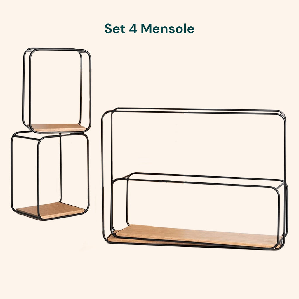 Set 4 Mensole da Parete Design Minimal con Ripiano in MDF e Struttura in Acciaio