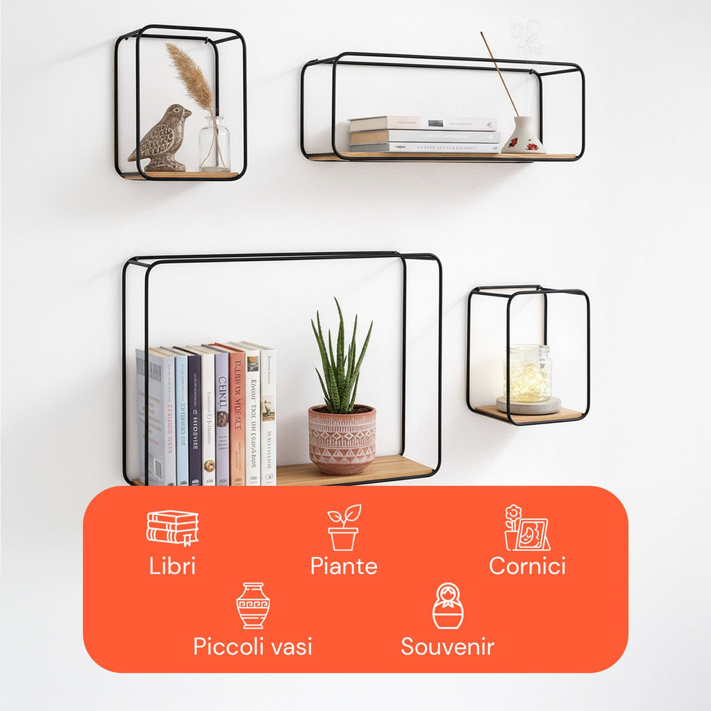 Set 4 Mensole da Parete Design Minimal con Ripiano in MDF e Struttura in Acciaio