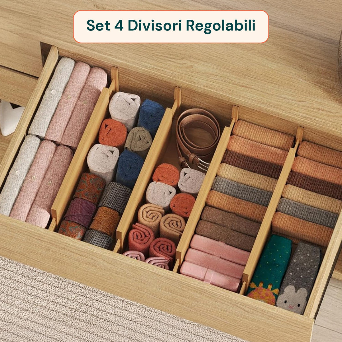 Separatori per Cassetti in Bamboo Regolabili con Molla - Set 4 Pezzi