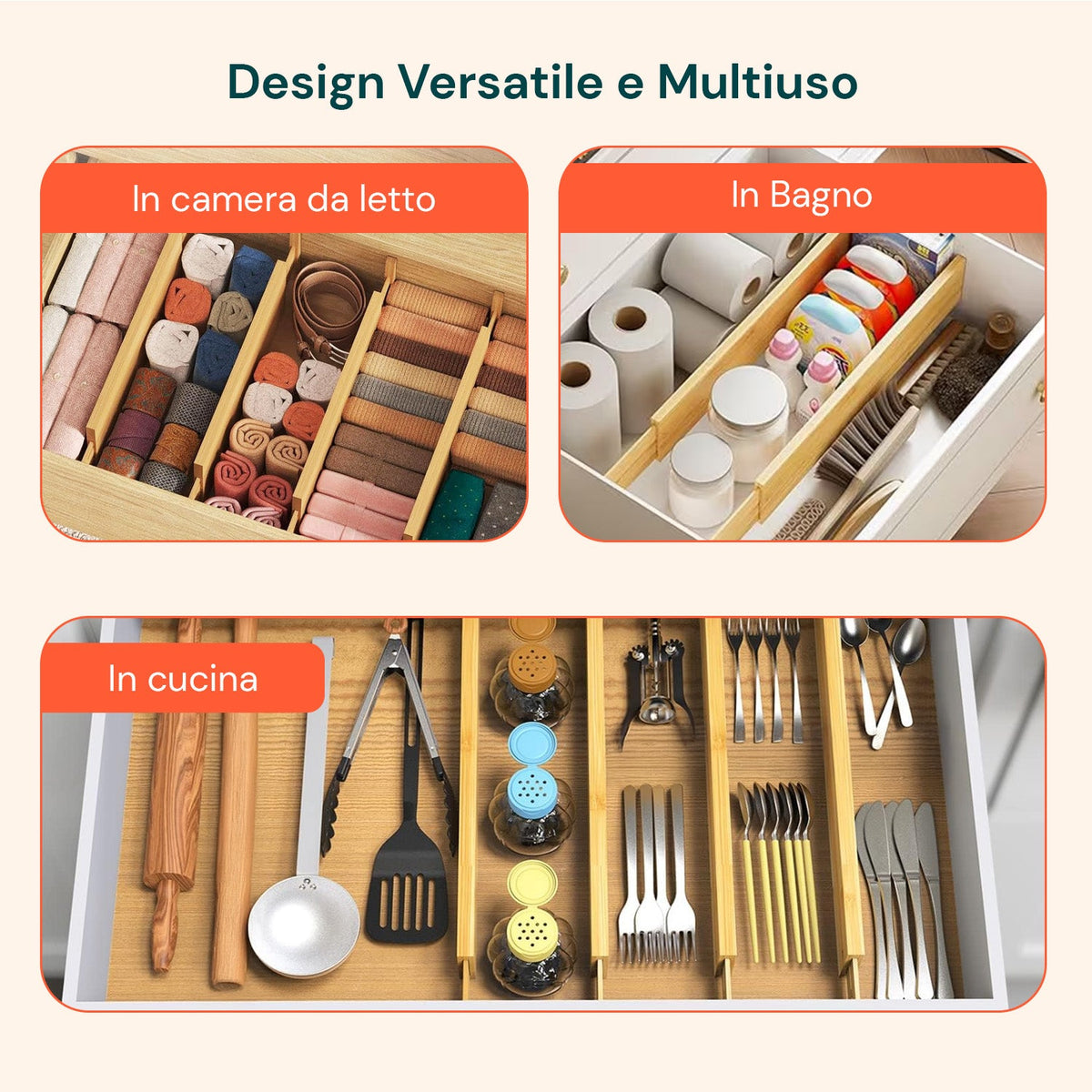 Separatori per Cassetti in Bamboo Regolabili con Molla - Set 4 Pezzi