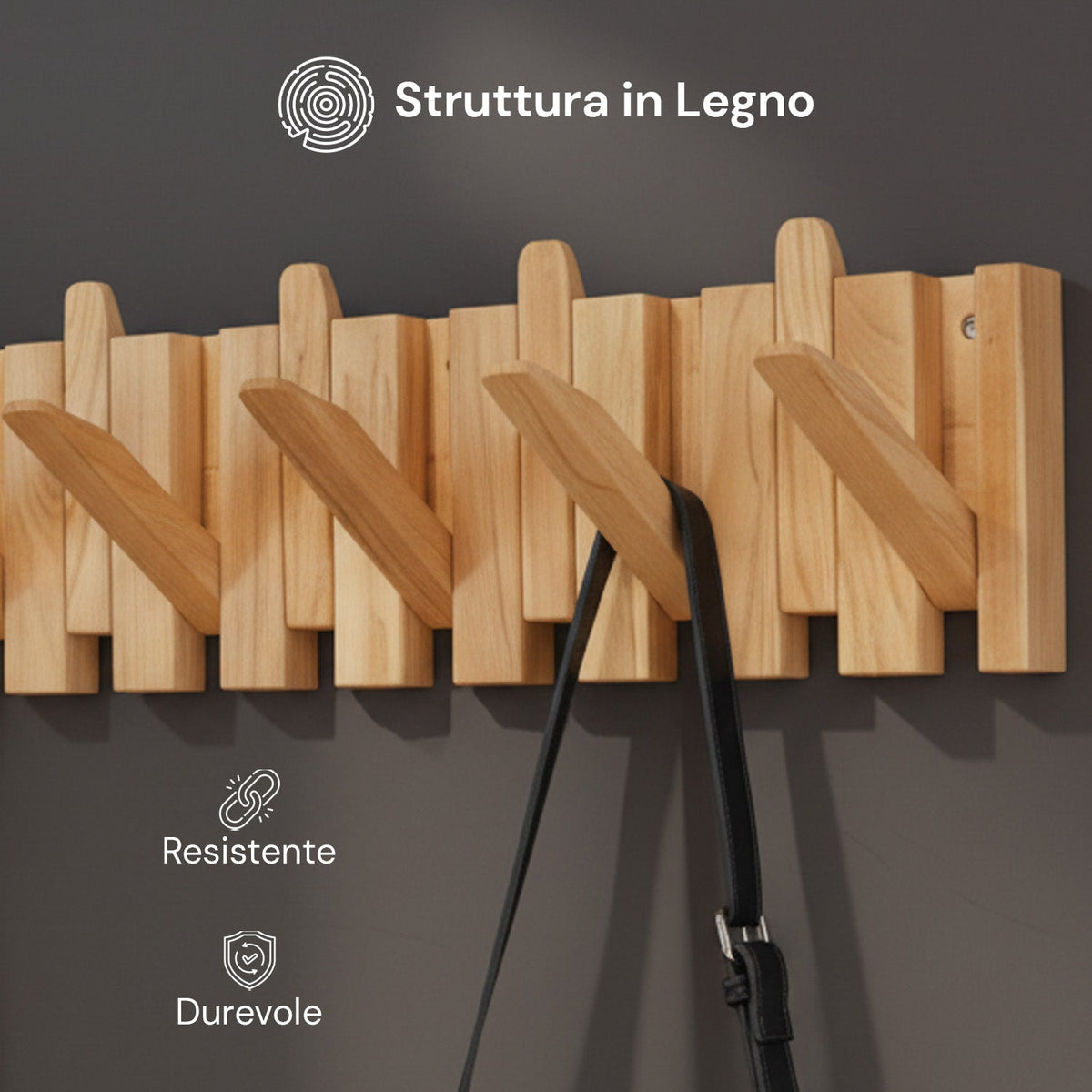Appendiabiti da Parete in Legno con 6 Ganci Ribaltabili a Scomparsa