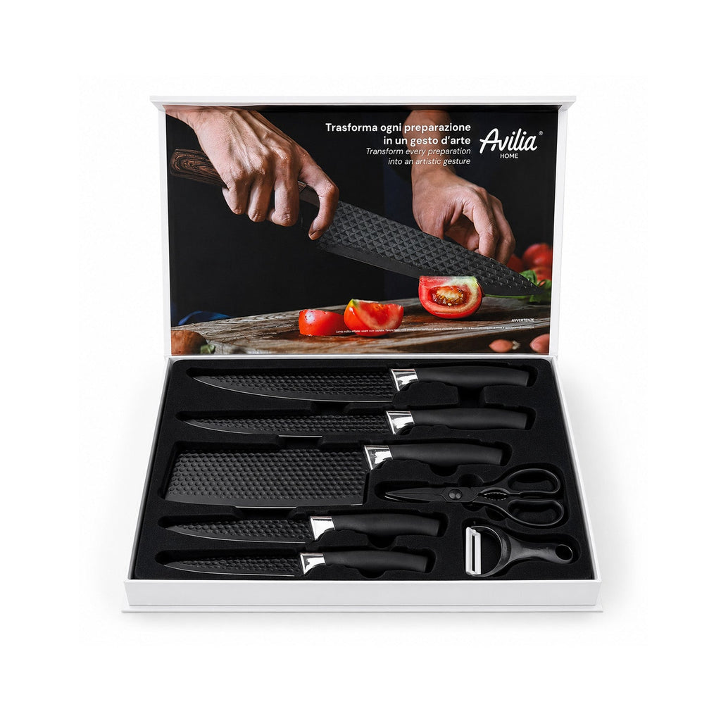Set di 6 coltelli da cucina in acciaio inox con motivo a diamante, completo di: coltello da chef, coltello da pane, coltello multiuso, mannaia, forbici e pelapatate