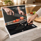 Set di 6 coltelli da cucina in acciaio inox con motivo a diamante, completo di: coltello da chef, coltello da pane, coltello multiuso, mannaia, forbici e pelapatate