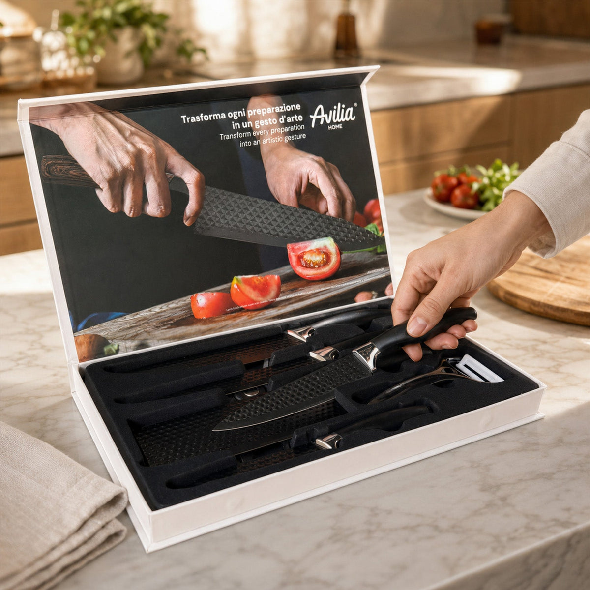 Set di 6 coltelli da cucina in acciaio inox con motivo a diamante, completo di: coltello da chef, coltello da pane, coltello multiuso, mannaia, forbici e pelapatate