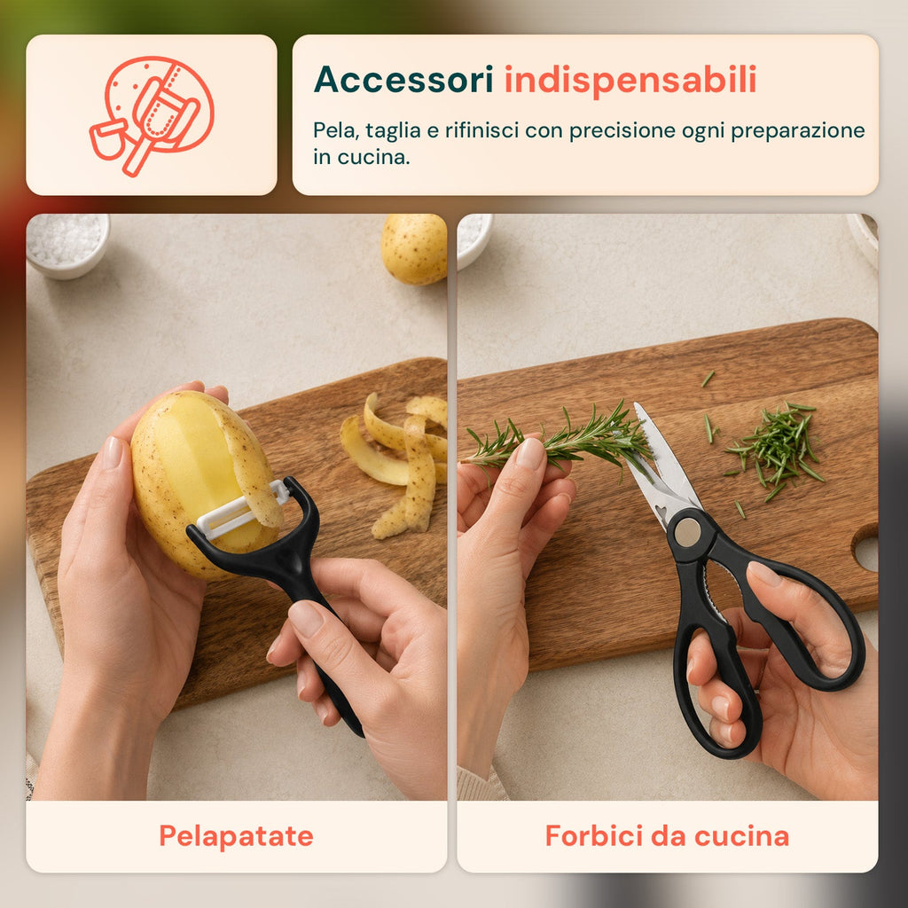 Set di 6 coltelli da cucina in acciaio inox con motivo a diamante, completo di: coltello da chef, coltello da pane, coltello multiuso, mannaia, forbici e pelapatate