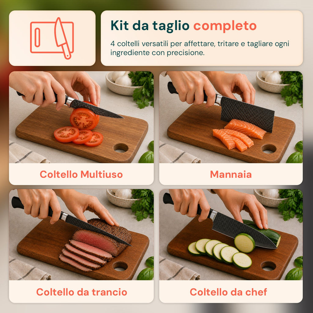 Set di 6 coltelli da cucina in acciaio inox con motivo a diamante, completo di: coltello da chef, coltello da pane, coltello multiuso, mannaia, forbici e pelapatate