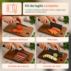 Set di 6 coltelli da cucina in acciaio inox con motivo a diamante, completo di: coltello da chef, coltello da pane, coltello multiuso, mannaia, forbici e pelapatate