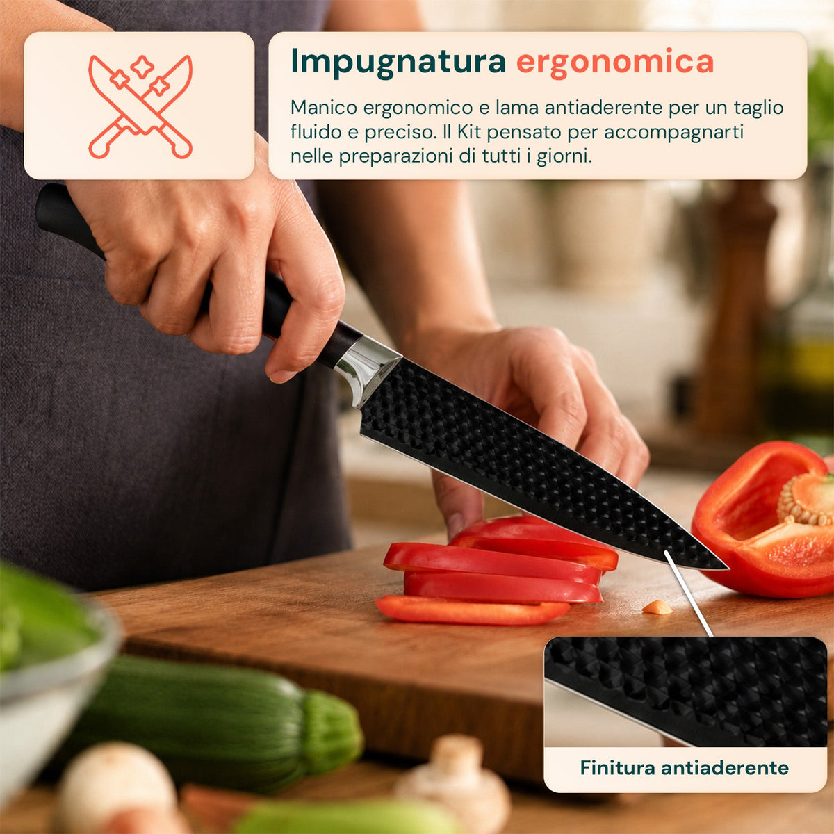 Set di 6 coltelli da cucina in acciaio inox con motivo a diamante, completo di: coltello da chef, coltello da pane, coltello multiuso, mannaia, forbici e pelapatate