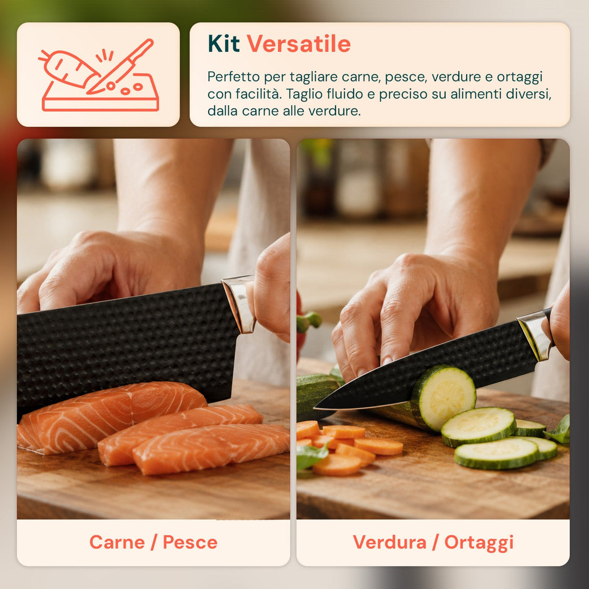 Set di 6 coltelli da cucina in acciaio inox con motivo a diamante, completo di: coltello da chef, coltello da pane, coltello multiuso, mannaia, forbici e pelapatate