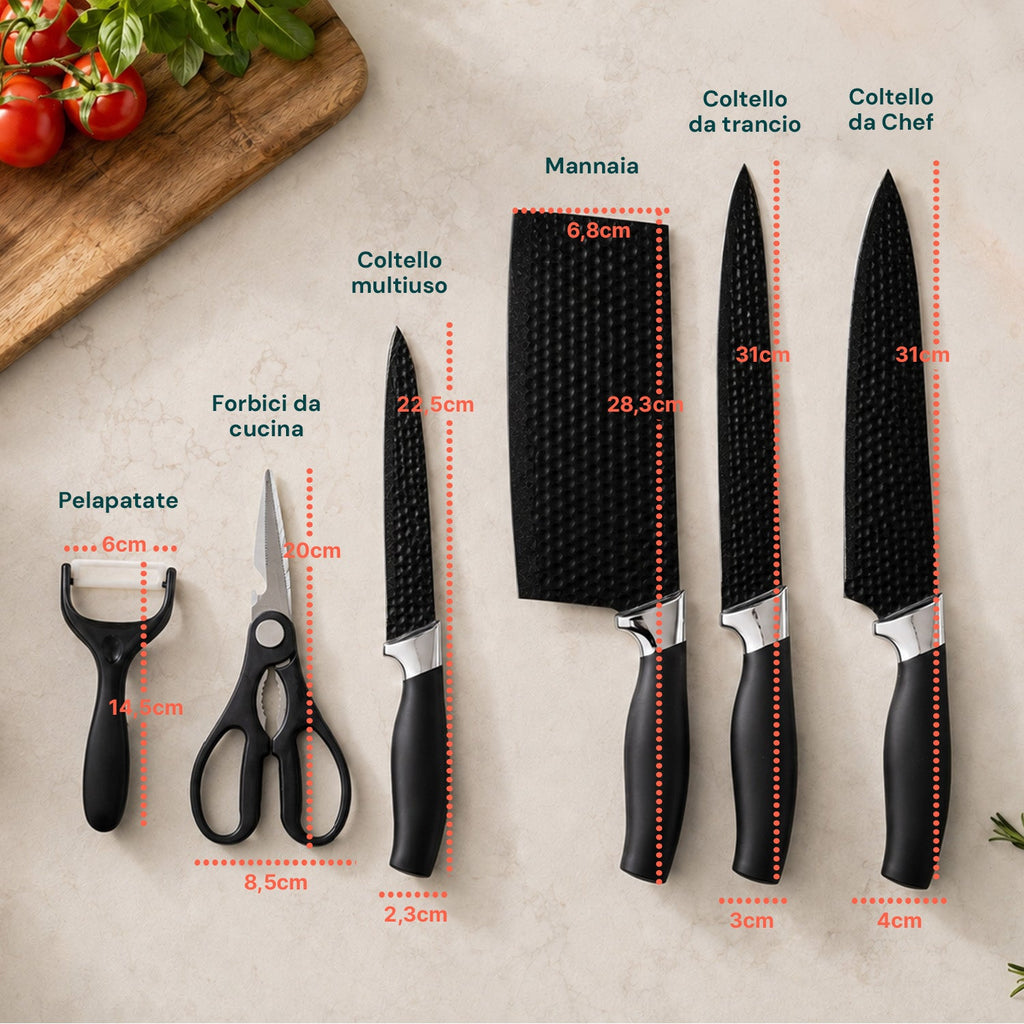Set di 6 coltelli da cucina in acciaio inox con motivo a diamante, completo di: coltello da chef, coltello da pane, coltello multiuso, mannaia, forbici e pelapatate