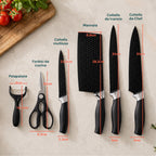 Set di 6 coltelli da cucina in acciaio inox con motivo a diamante, completo di: coltello da chef, coltello da pane, coltello multiuso, mannaia, forbici e pelapatate