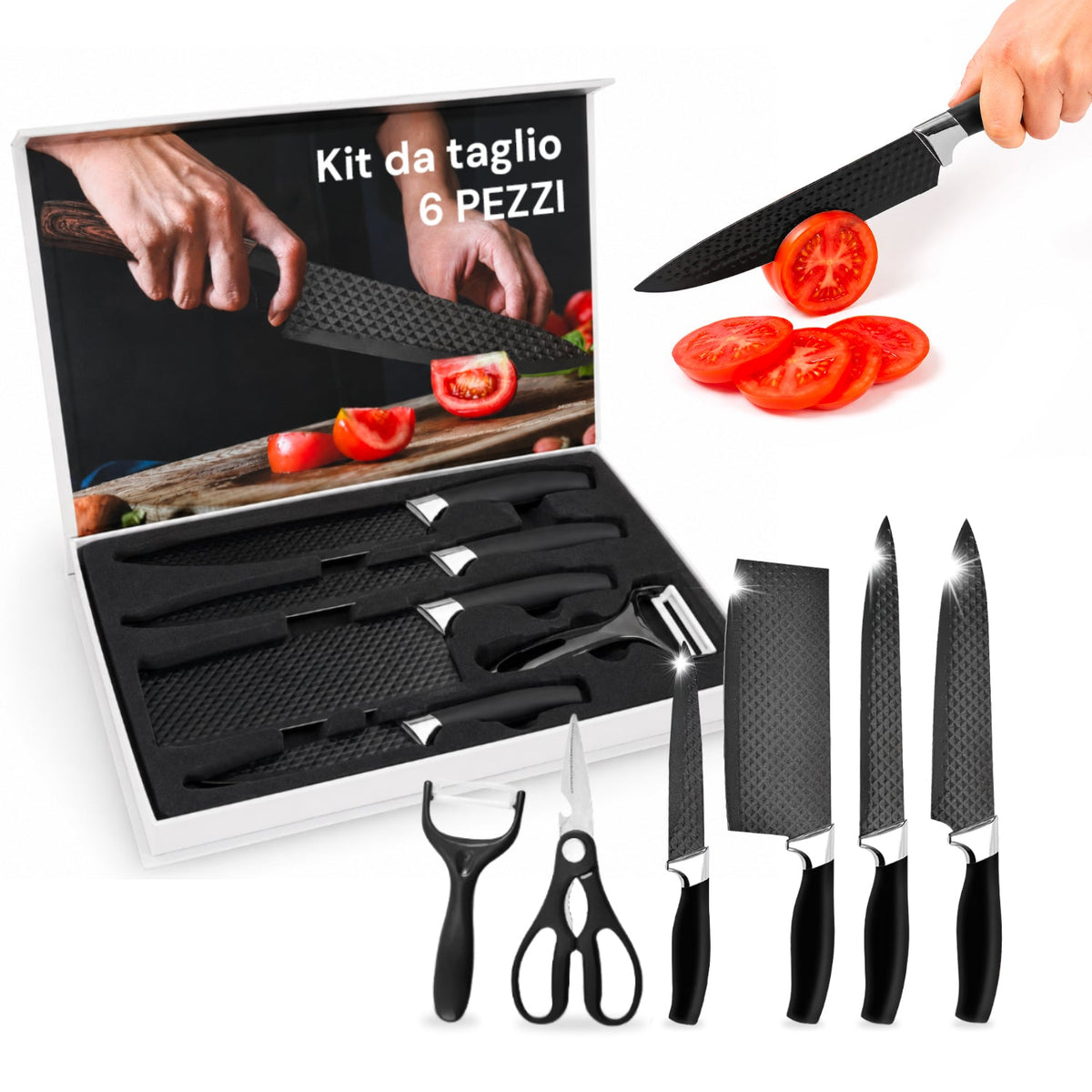 Set di 6 coltelli da cucina in acciaio inox con motivo a diamante, completo di: coltello da chef, coltello da pane, coltello multiuso, mannaia, forbici e pelapatate