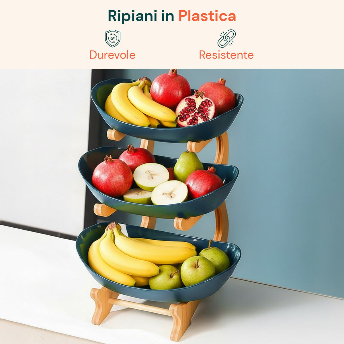 Alzata Portafrutta a 3 Ripiani con Cestini in Bambù Salvaspazio