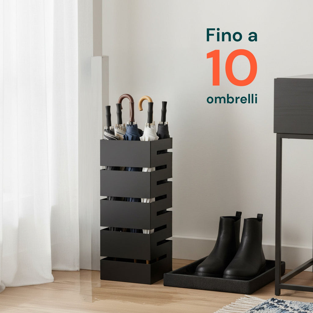 Portaombrelli moderno nero in metallo con 2 ganci e vaschetta raccogligocce