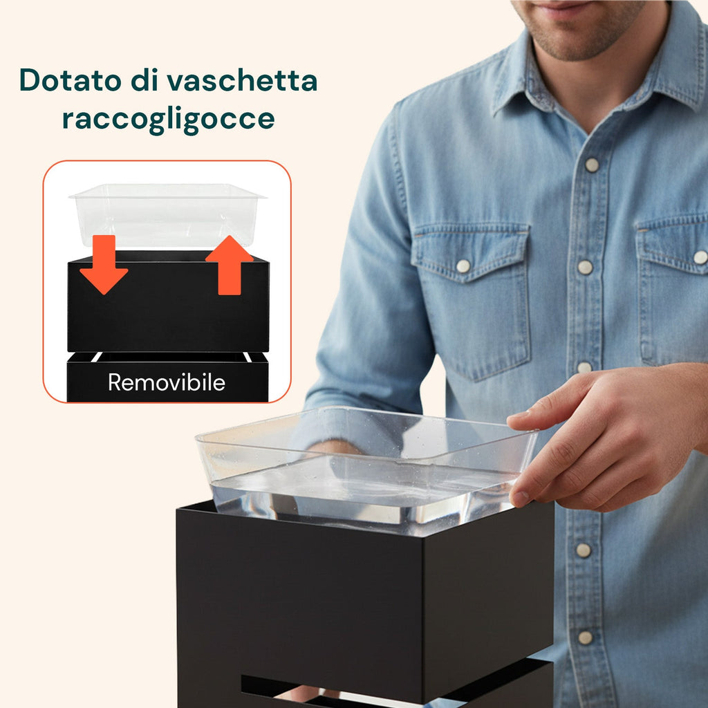 Portaombrelli moderno nero in metallo con 2 ganci e vaschetta raccogligocce