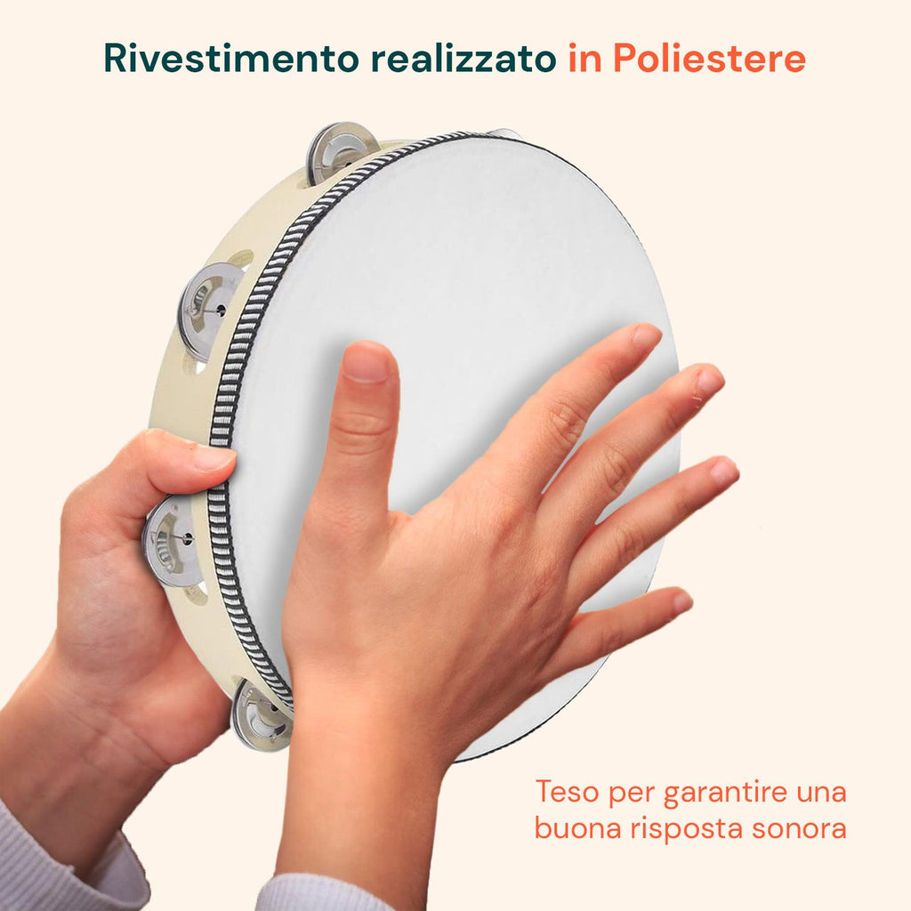 Tamburello Ritmico in Legno e Rivestimento in Poliestere Ø25 cm con 8 Sonagli