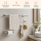 Set 5 Accessori Bagno Adesivi Neri in Acciaio Inox Portata 2,5kg - Completo di Porta Rotolo e Ganci per Asciugamani