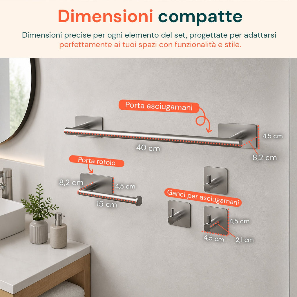 Set 5 Accessori Bagno Adesivi Neri in Acciaio Inox Portata 2,5kg - Completo di Porta Rotolo e Ganci per Asciugamani
