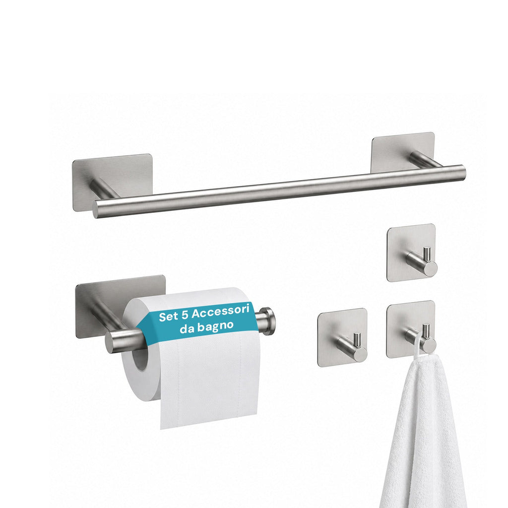 Set 5 Accessori Bagno Adesivi Neri in Acciaio Inox Portata 2,5kg - Completo di Porta Rotolo e Ganci per Asciugamani