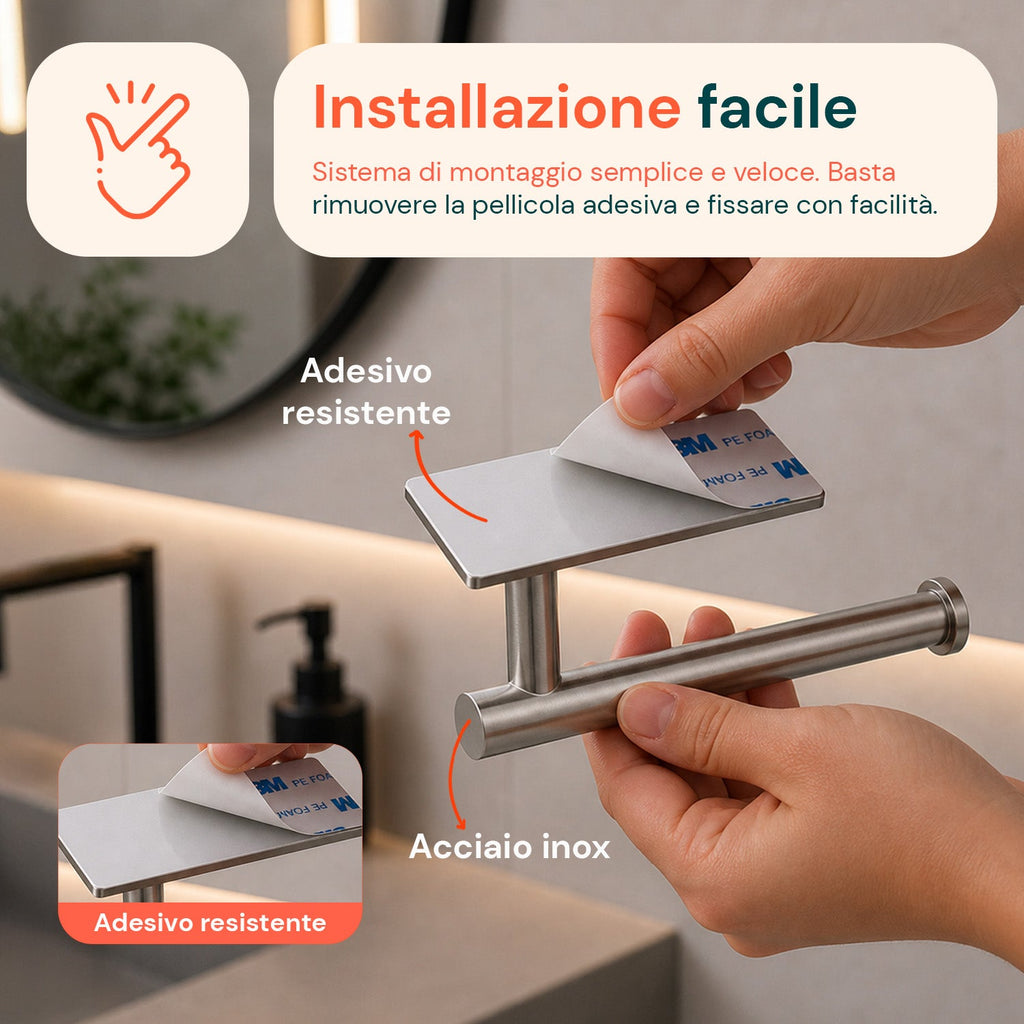 Set 5 Accessori Bagno Adesivi Neri in Acciaio Inox Portata 2,5kg - Completo di Porta Rotolo e Ganci per Asciugamani