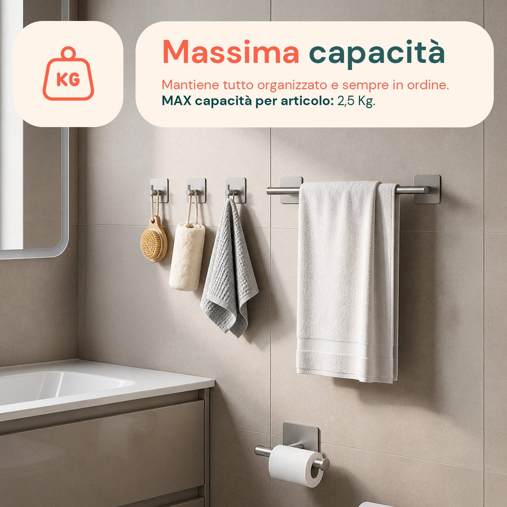 Set 5 Accessori Bagno Adesivi Neri in Acciaio Inox Portata 2,5kg - Completo di Porta Rotolo e Ganci per Asciugamani