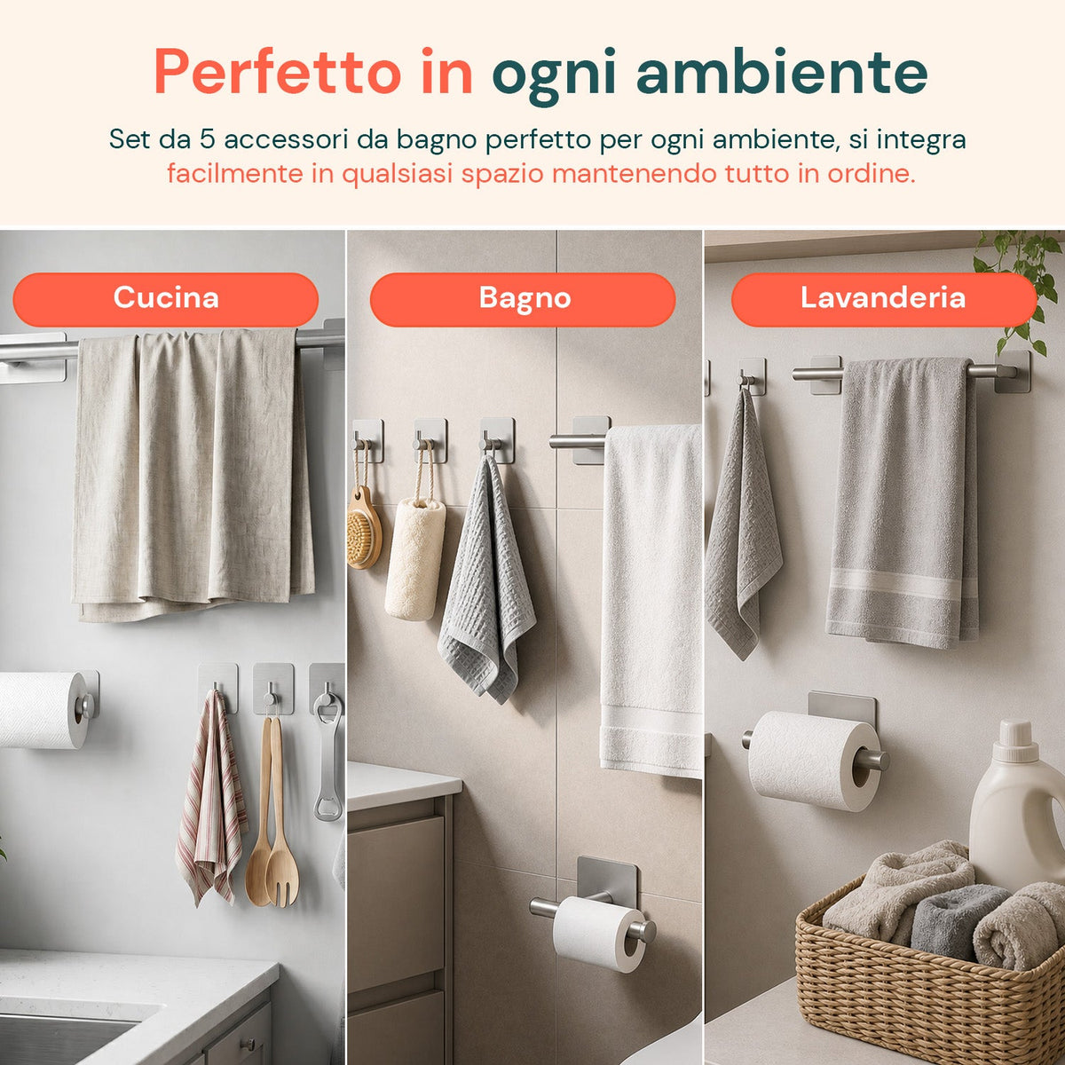 Set 5 Accessori Bagno Adesivi Neri in Acciaio Inox Portata 2,5kg - Completo di Porta Rotolo e Ganci per Asciugamani