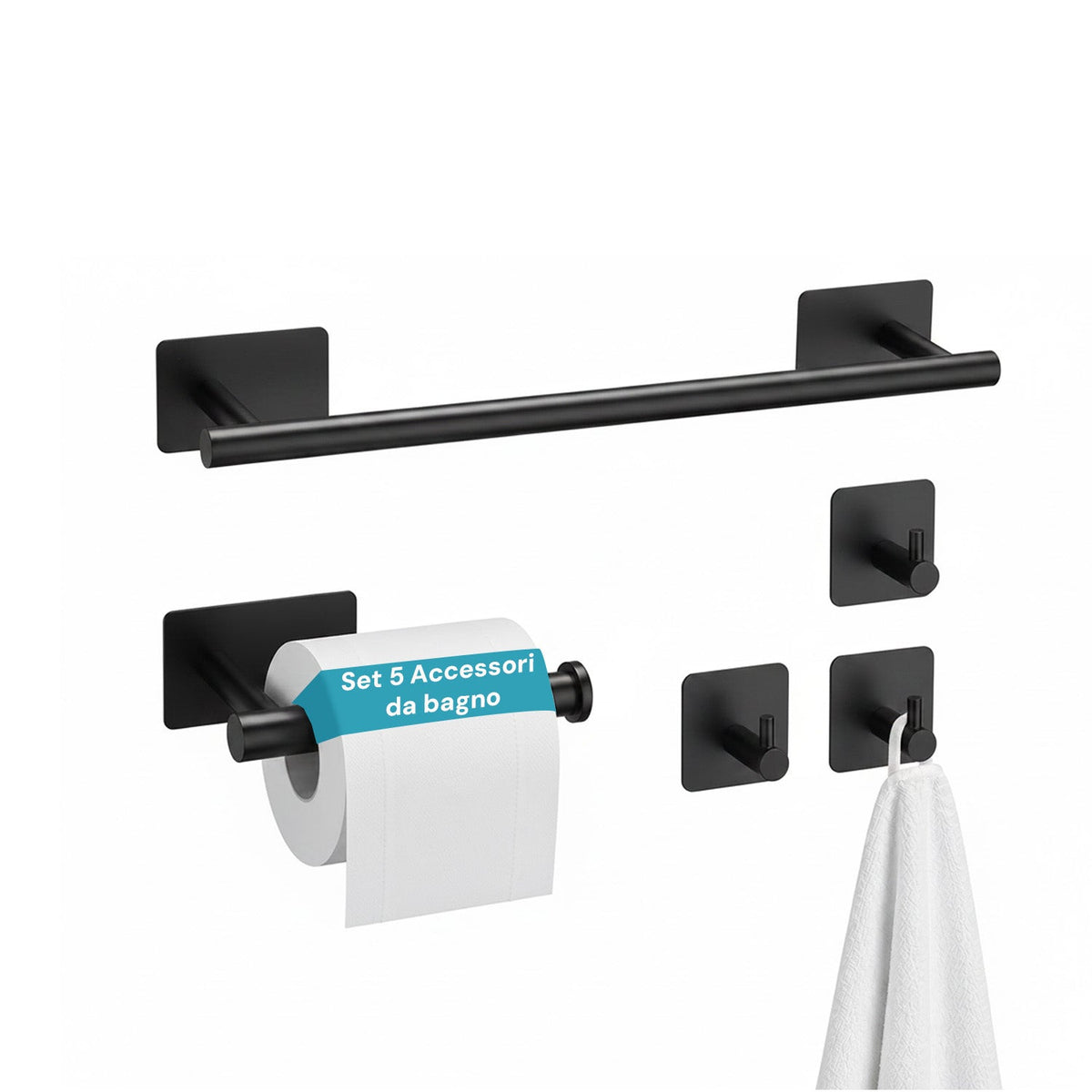 Set 5 Accessori Bagno Adesivi Neri in Acciaio Inox Portata 2,5kg - Completo di Porta Rotolo e Ganci per Asciugamani
