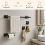 Set 5 Accessori Bagno Adesivi Neri in Acciaio Inox Portata 2,5kg - Completo di Porta Rotolo e Ganci per Asciugamani