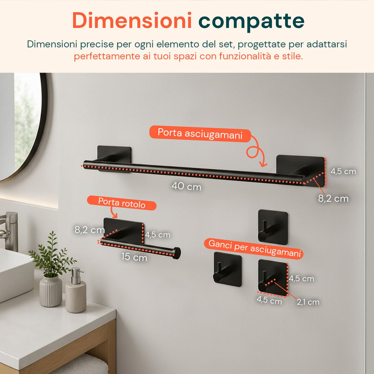 Set 5 Accessori Bagno Adesivi Neri in Acciaio Inox Portata 2,5kg - Completo di Porta Rotolo e Ganci per Asciugamani