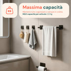 Set 5 Accessori Bagno Adesivi Neri in Acciaio Inox Portata 2,5kg - Completo di Porta Rotolo e Ganci per Asciugamani