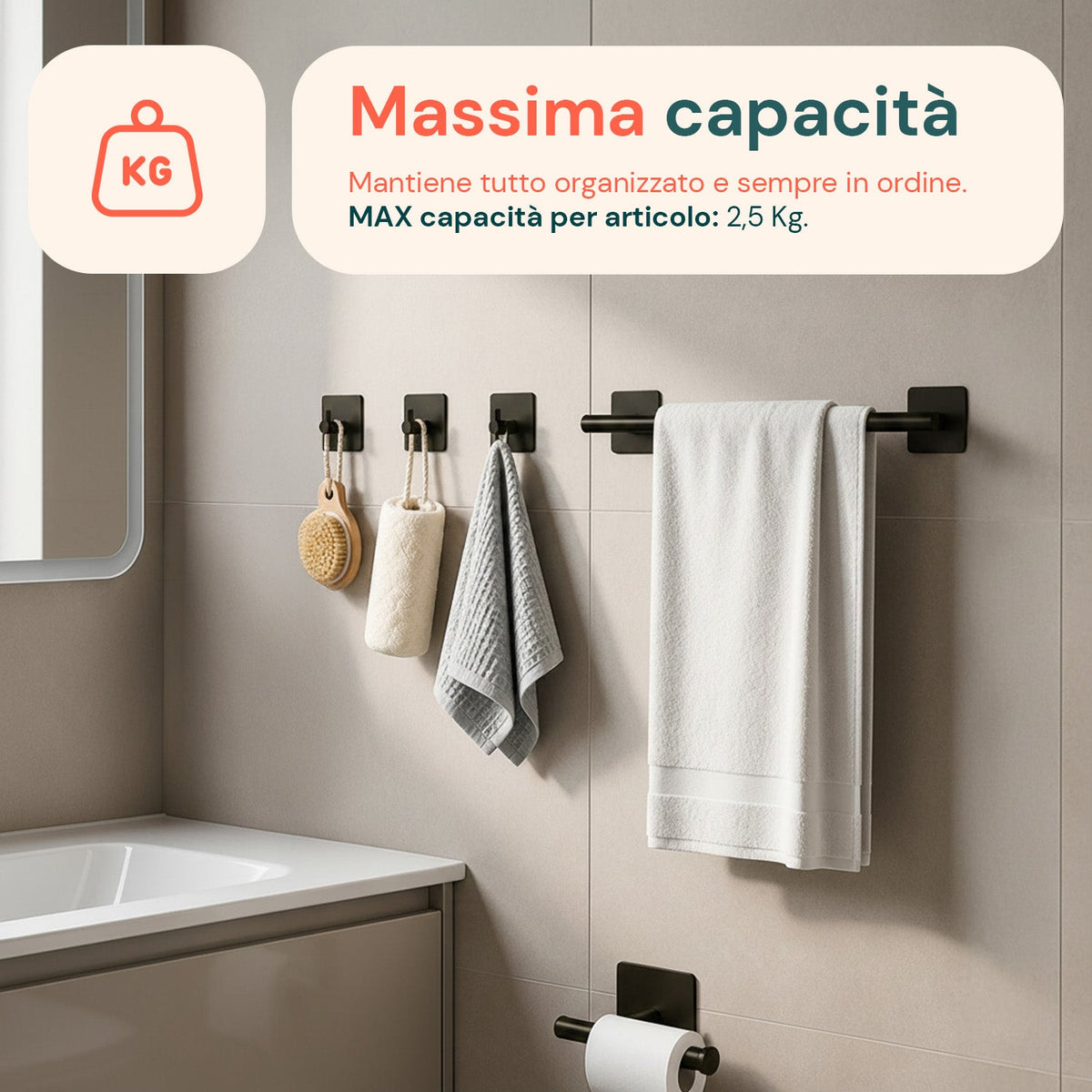 Set 5 Accessori Bagno Adesivi Neri in Acciaio Inox Portata 2,5kg - Completo di Porta Rotolo e Ganci per Asciugamani