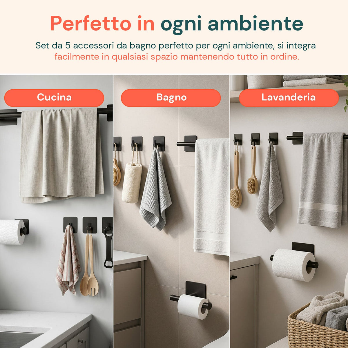 Set 5 Accessori Bagno Adesivi Neri in Acciaio Inox Portata 2,5kg - Completo di Porta Rotolo e Ganci per Asciugamani
