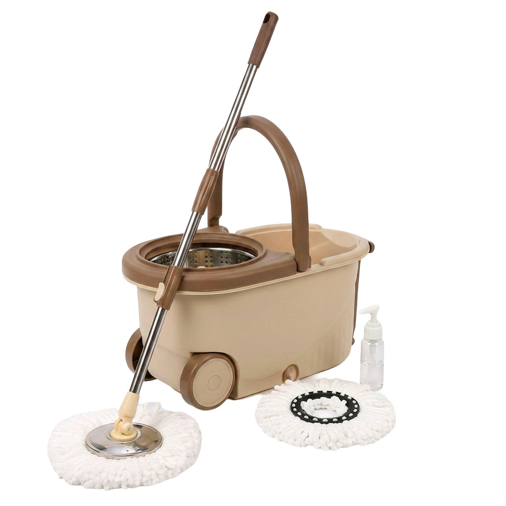Kit Mocio Rotante 360° con Secchio 14L - 46x27x22cm e Centrifuga in Acciaio – Include 2 Testine in Microfibra, Dosatore Sapone e Asta Telescopica – Set Lavapavimenti Universale con Ruote e Scarico