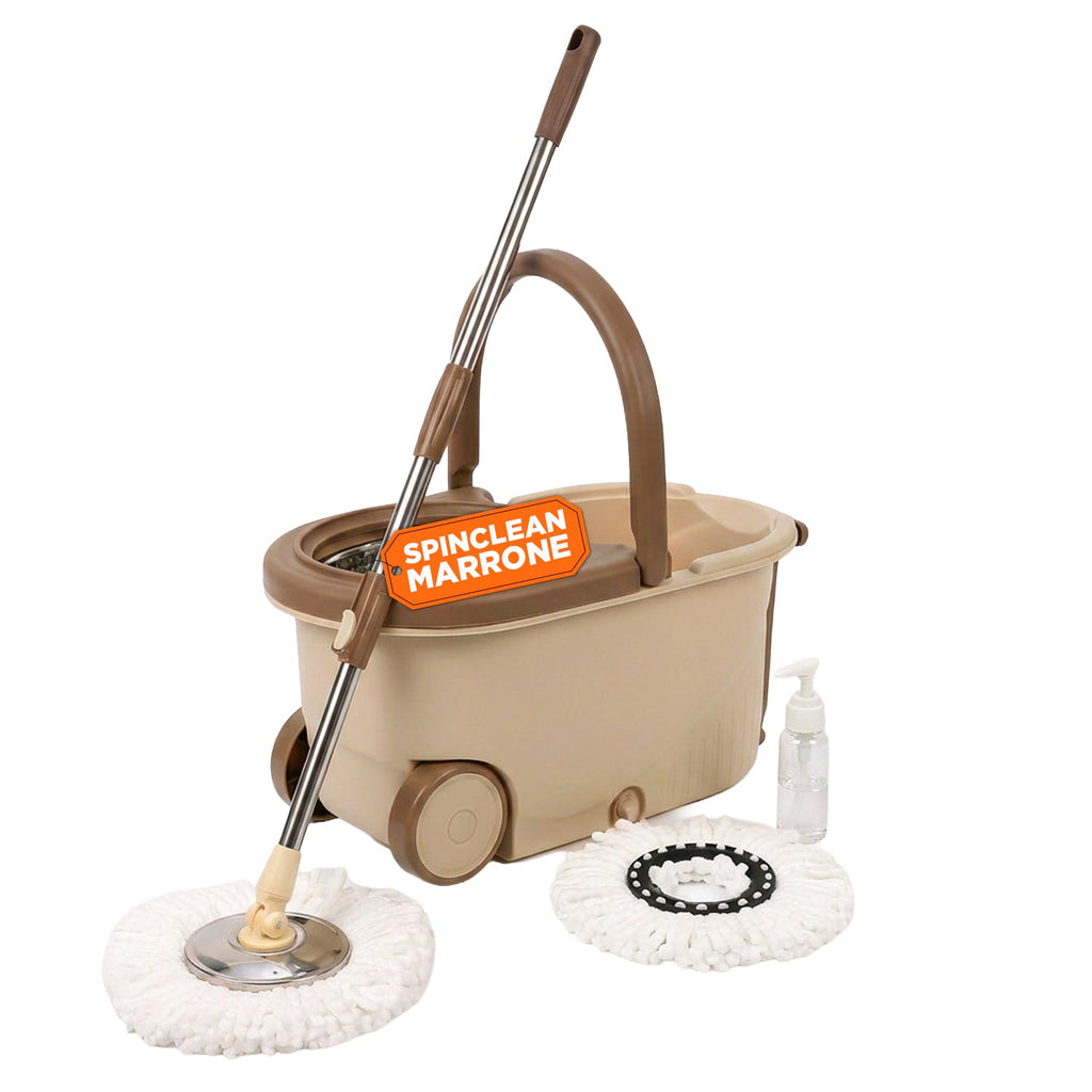 Kit Mocio Rotante 360° con Secchio 14L - 46x27x22cm e Centrifuga in Acciaio – Include 2 Testine in Microfibra, Dosatore Sapone e Asta Telescopica – Set Lavapavimenti Universale con Ruote e Scarico