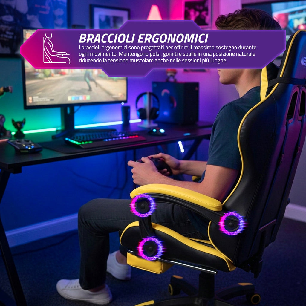 Sedia Gaming Reclinabile con Poggiapiedi Estraibile, Cuscino Lombare e Poggiatesta