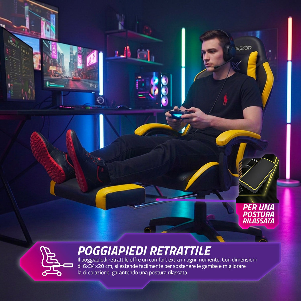Sedia Gaming Reclinabile con Poggiapiedi Estraibile, Cuscino Lombare e Poggiatesta