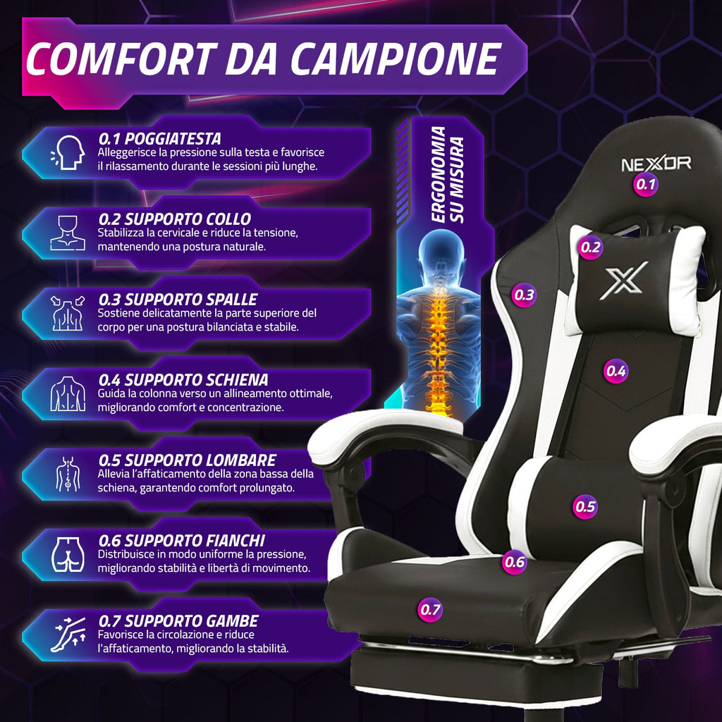 Sedia Gaming Reclinabile con Poggiapiedi Estraibile, Cuscino Lombare e Poggiatesta