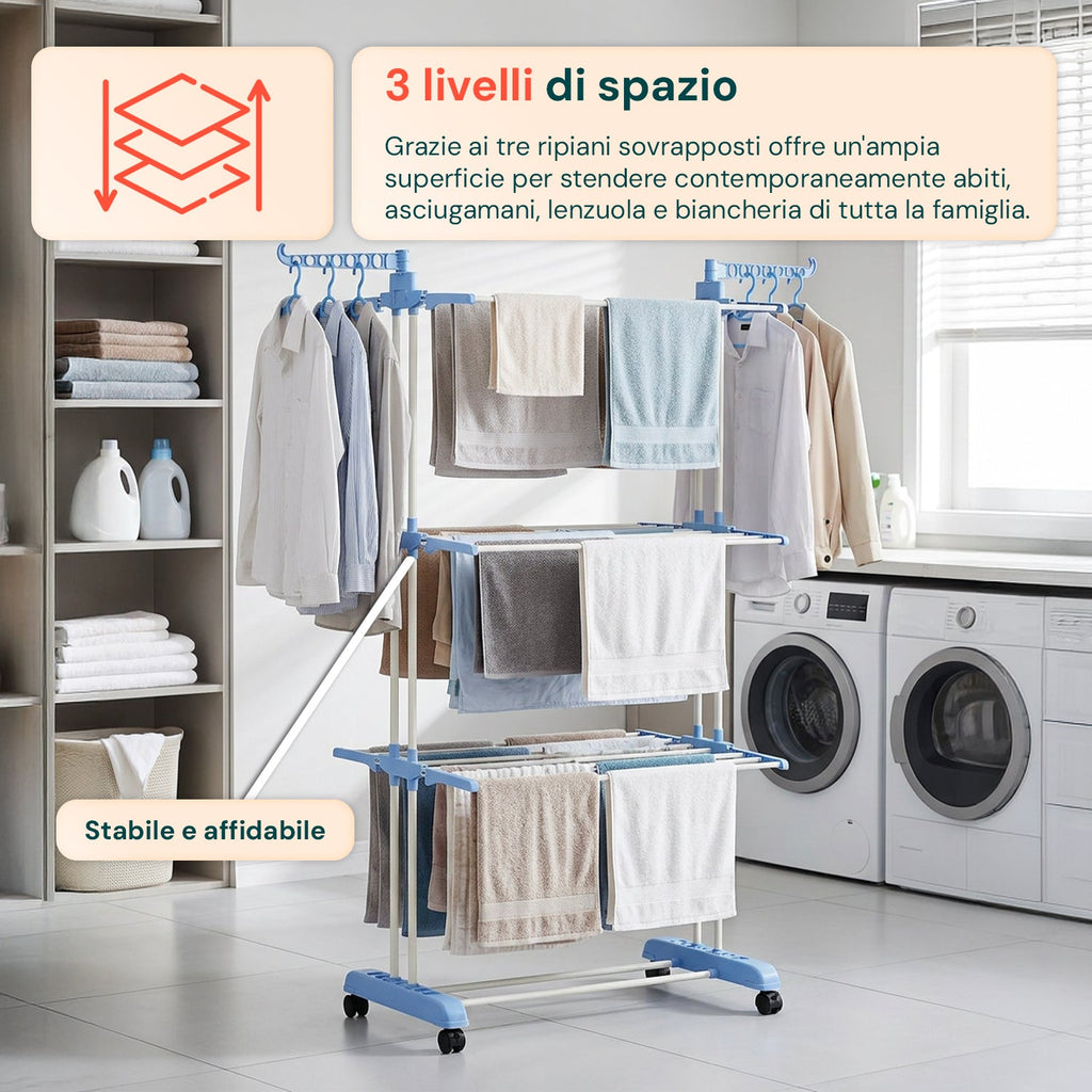 Stendibiancheria Verticale a 3 Livelli in Ferro e PP, Estensibile e con Ruote Piroettanti – L105xP64xA173cm, Portata 20kg