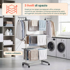 Stendibiancheria Verticale a 3 Livelli in Ferro e PP, Estensibile e con Ruote Piroettanti – L105xP64xA173cm, Portata 20kg