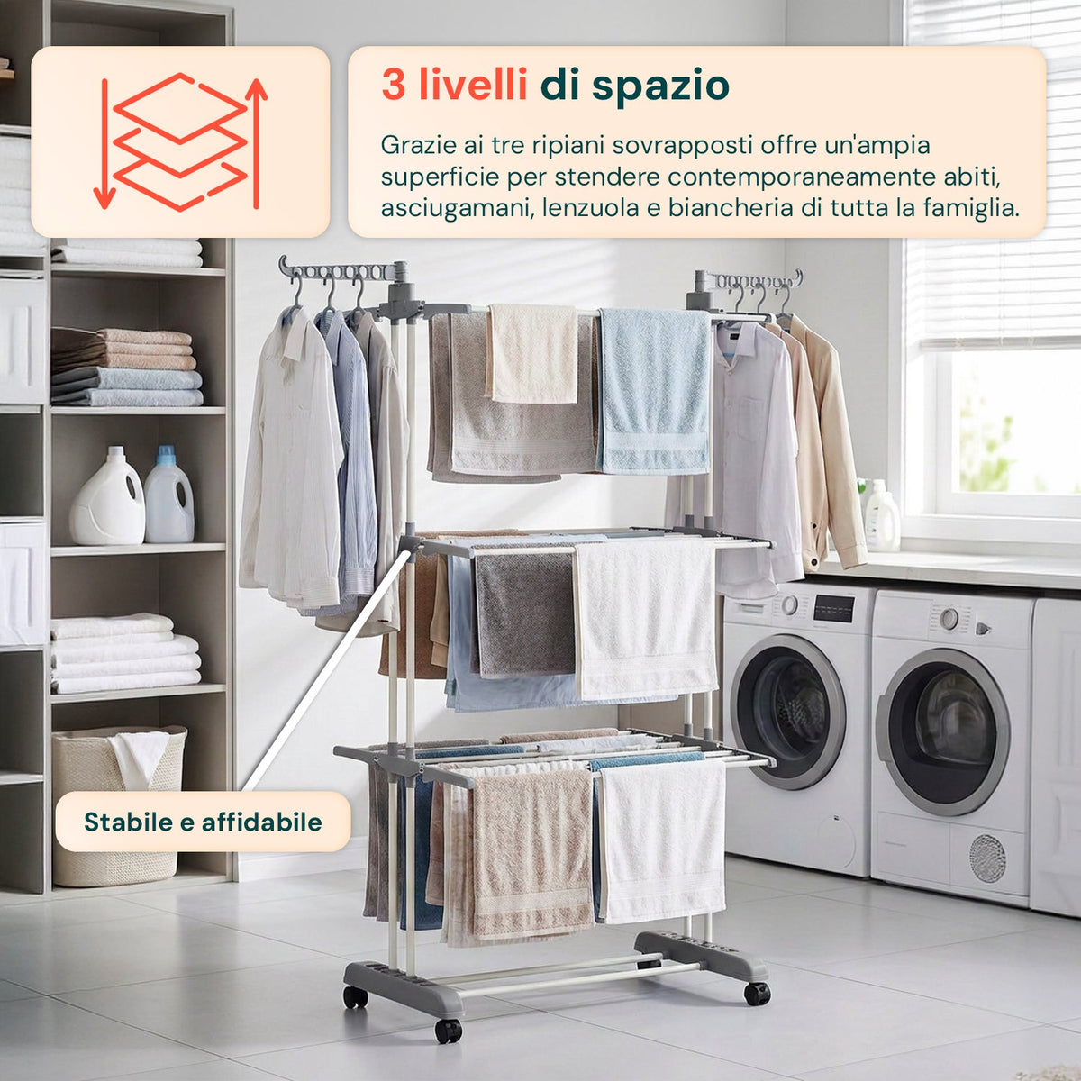Stendibiancheria Verticale a 3 Livelli in Ferro e PP, Estensibile e con Ruote Piroettanti – L105xP64xA173cm, Portata 20kg