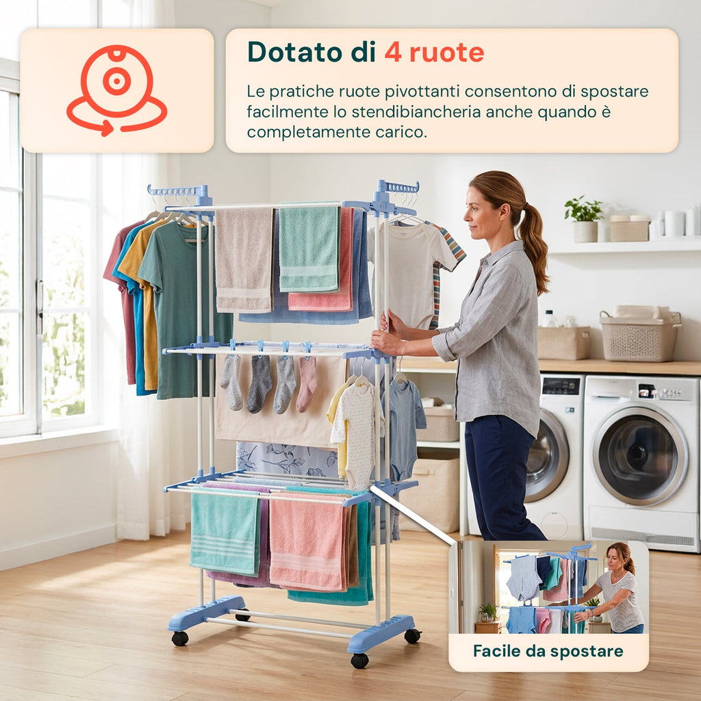 Stendibiancheria Verticale a 3 Livelli in Ferro e PP, Estensibile e con Ruote Piroettanti – L105xP64xA173cm, Portata 20kg