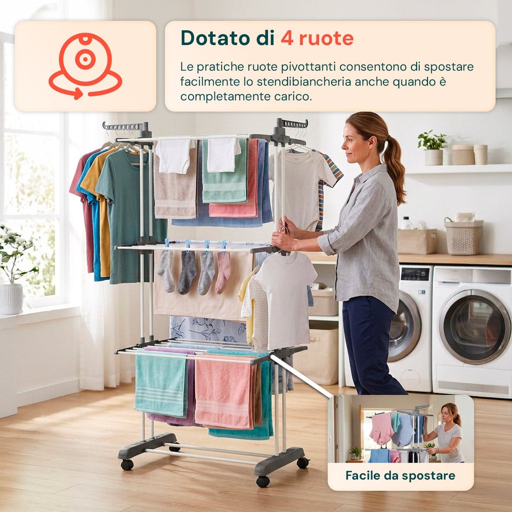 Stendibiancheria Verticale a 3 Livelli in Ferro e PP, Estensibile e con Ruote Piroettanti – L105xP64xA173cm, Portata 20kg