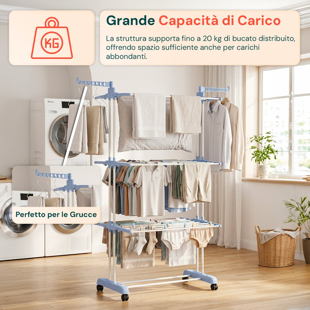 Stendibiancheria Verticale a 3 Livelli in Ferro e PP, Estensibile e con Ruote Piroettanti – L105xP64xA173cm, Portata 20kg