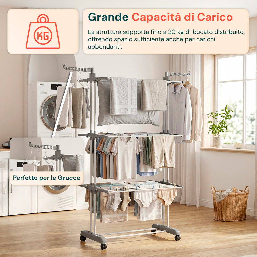 Stendibiancheria Verticale a 3 Livelli in Ferro e PP, Estensibile e con Ruote Piroettanti – L105xP64xA173cm, Portata 20kg