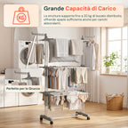 Stendibiancheria Verticale a 3 Livelli in Ferro e PP, Estensibile e con Ruote Piroettanti – L105xP64xA173cm, Portata 20kg