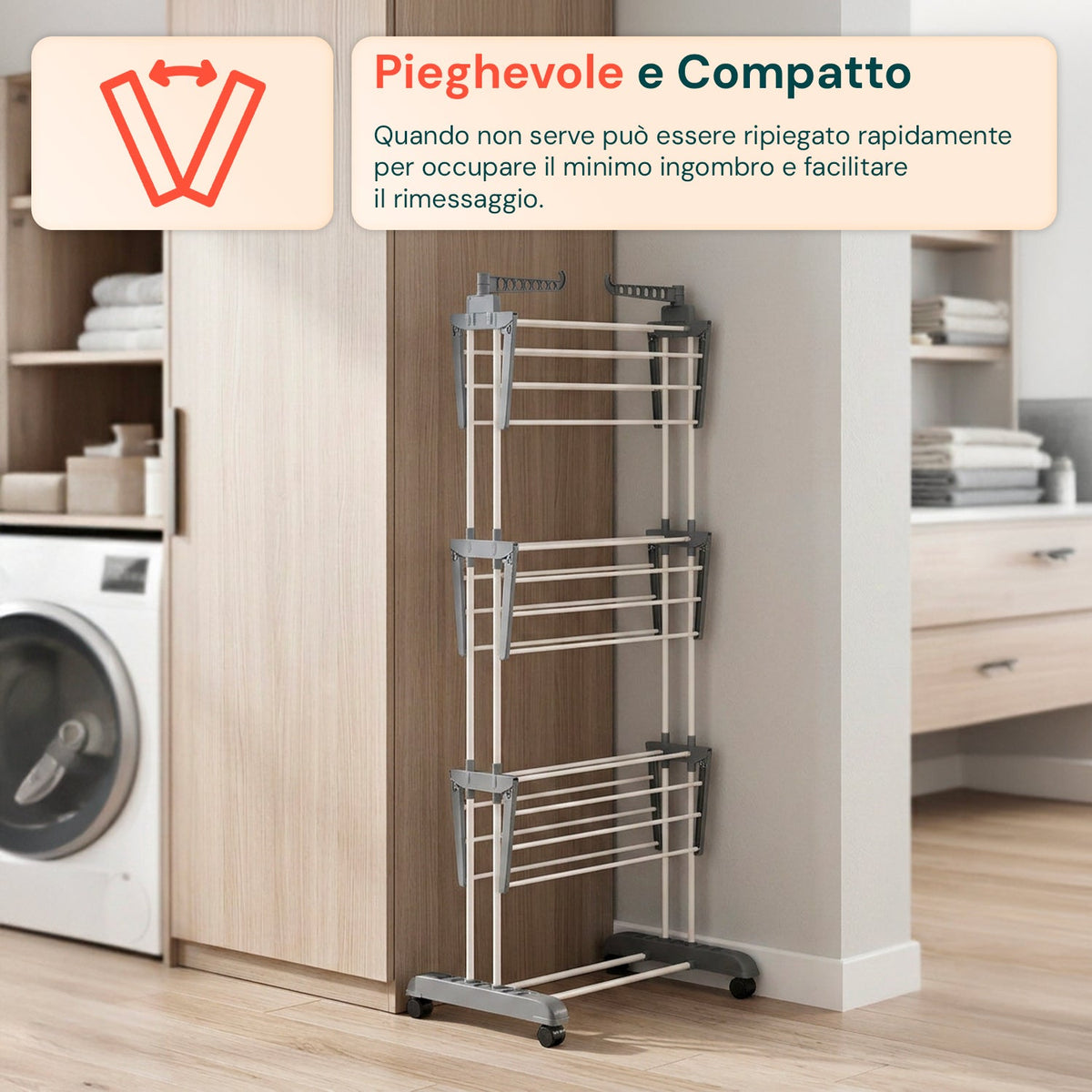 Stendibiancheria Verticale a 3 Livelli in Ferro e PP, Estensibile e con Ruote Piroettanti – L105xP64xA173cm, Portata 20kg