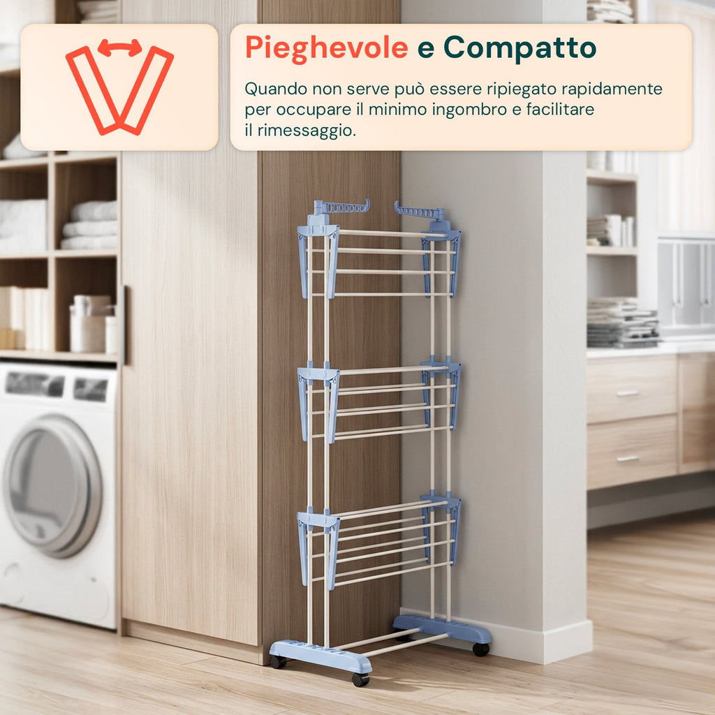 Stendibiancheria Verticale a 3 Livelli in Ferro e PP, Estensibile e con Ruote Piroettanti – L105xP64xA173cm, Portata 20kg