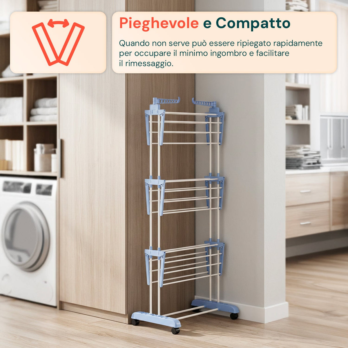 Stendibiancheria Verticale a 3 Livelli in Ferro e PP, Estensibile e con Ruote Piroettanti – L105xP64xA173cm, Portata 20kg