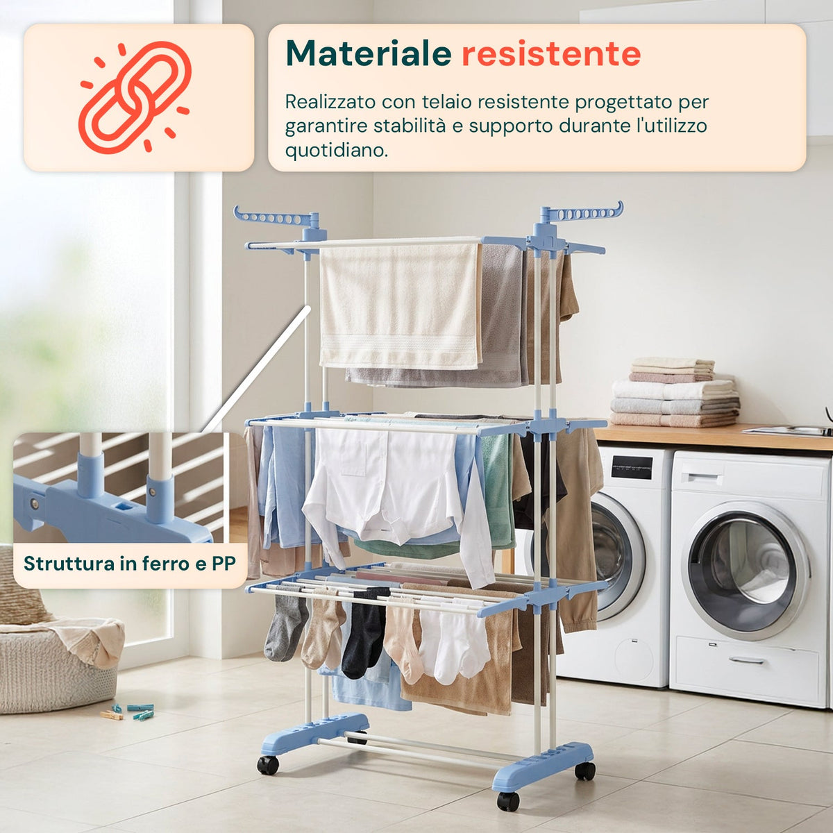 Stendibiancheria Verticale a 3 Livelli in Ferro e PP, Estensibile e con Ruote Piroettanti – L105xP64xA173cm, Portata 20kg